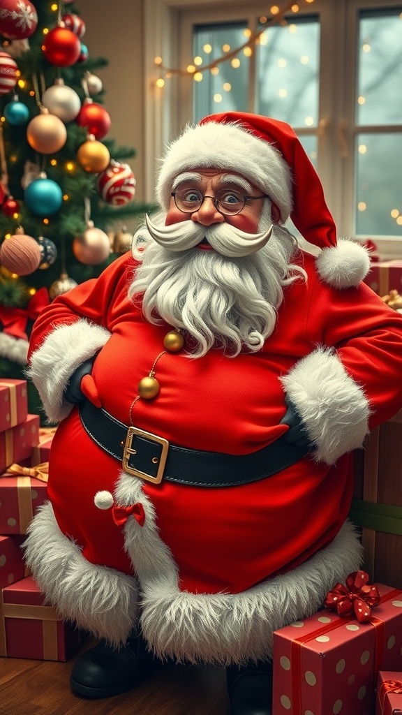Humorous Quotes for the 2-Month Countdown to Christmas A funny Santa Claus surrounded by Christmas decorations and gifts, embodying the spirit of humor during the holiday season.